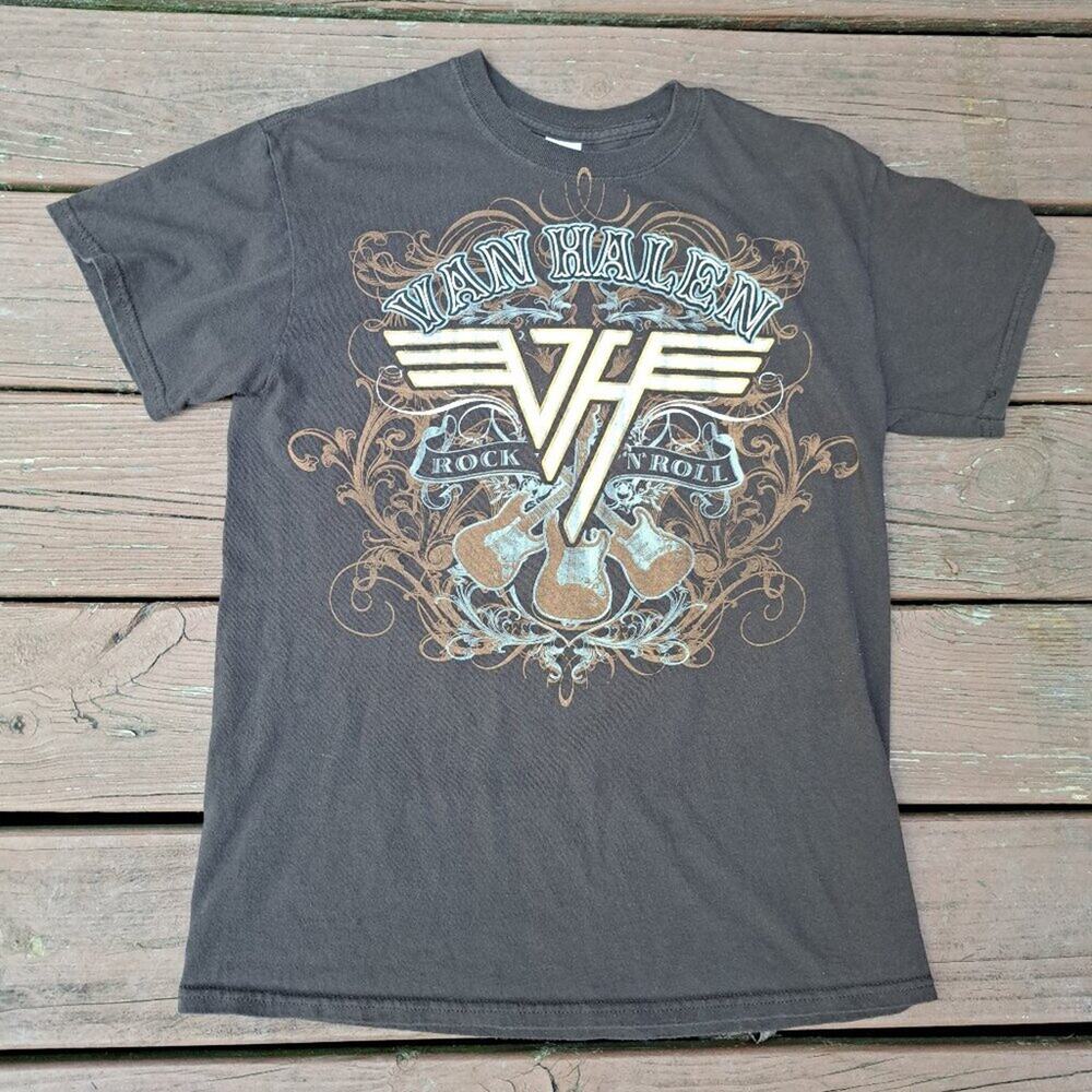 %VTG Van Halen Rock & Roll Shirt Gildan Brown Short Sleeve Size Medium Men